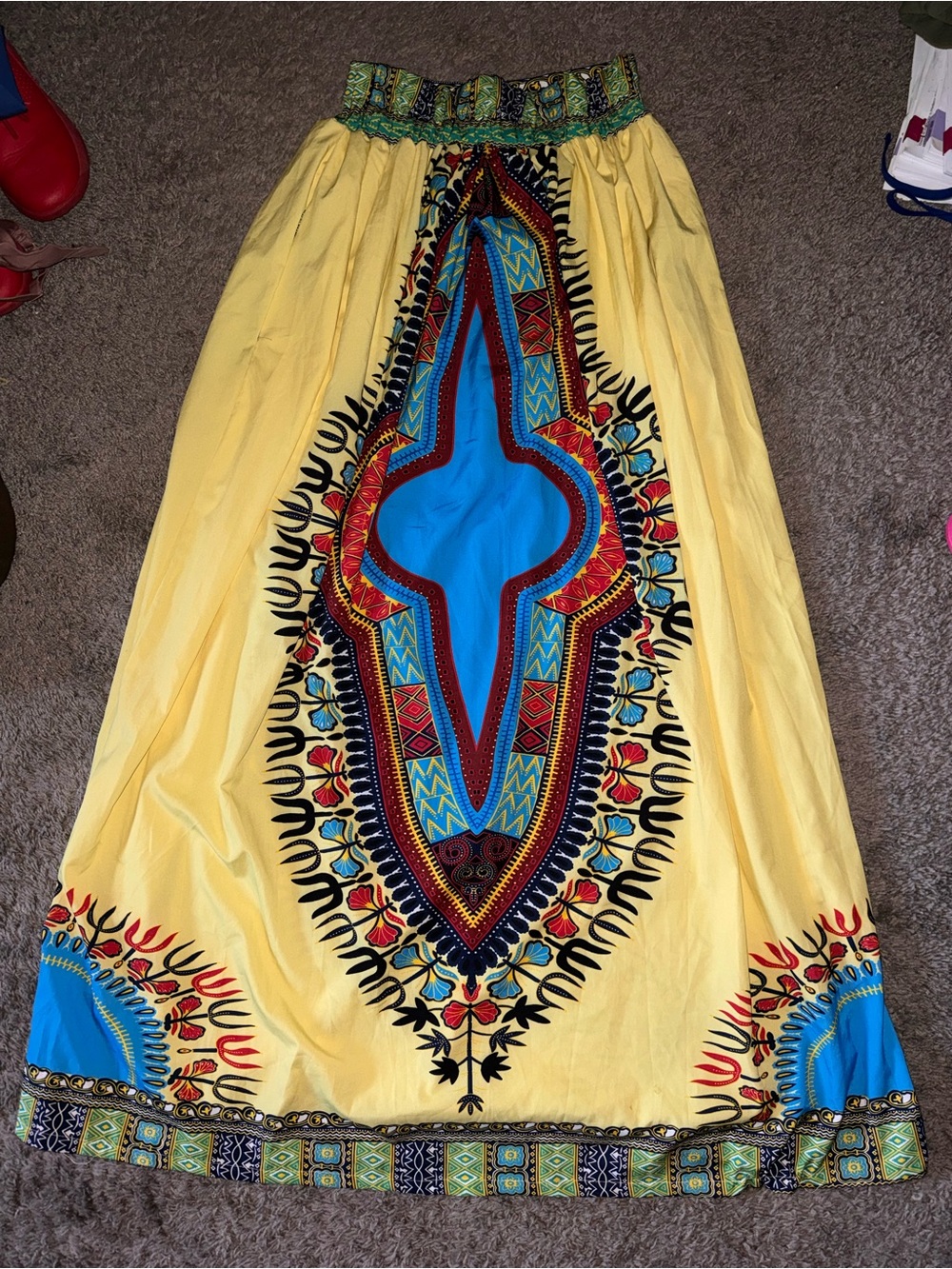Yellow Maxi Skirt with Blue Tribal Print